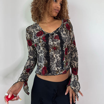 Vintage Black Red Rose Mesh Cami & Cardigan Set Floral Lace Y2K (S)