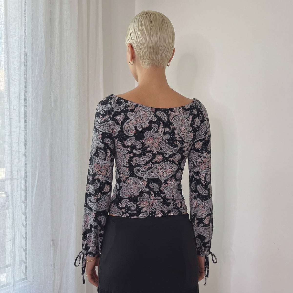 Vintage Black Pink Polka dot & Paisley Long Sleeve Top Y2K (S/M)