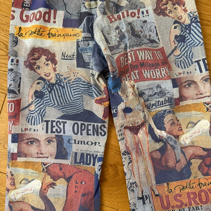 Vintage Blue Red Graphic Print Pants French Y2K Newspaper Collage (XS/S)