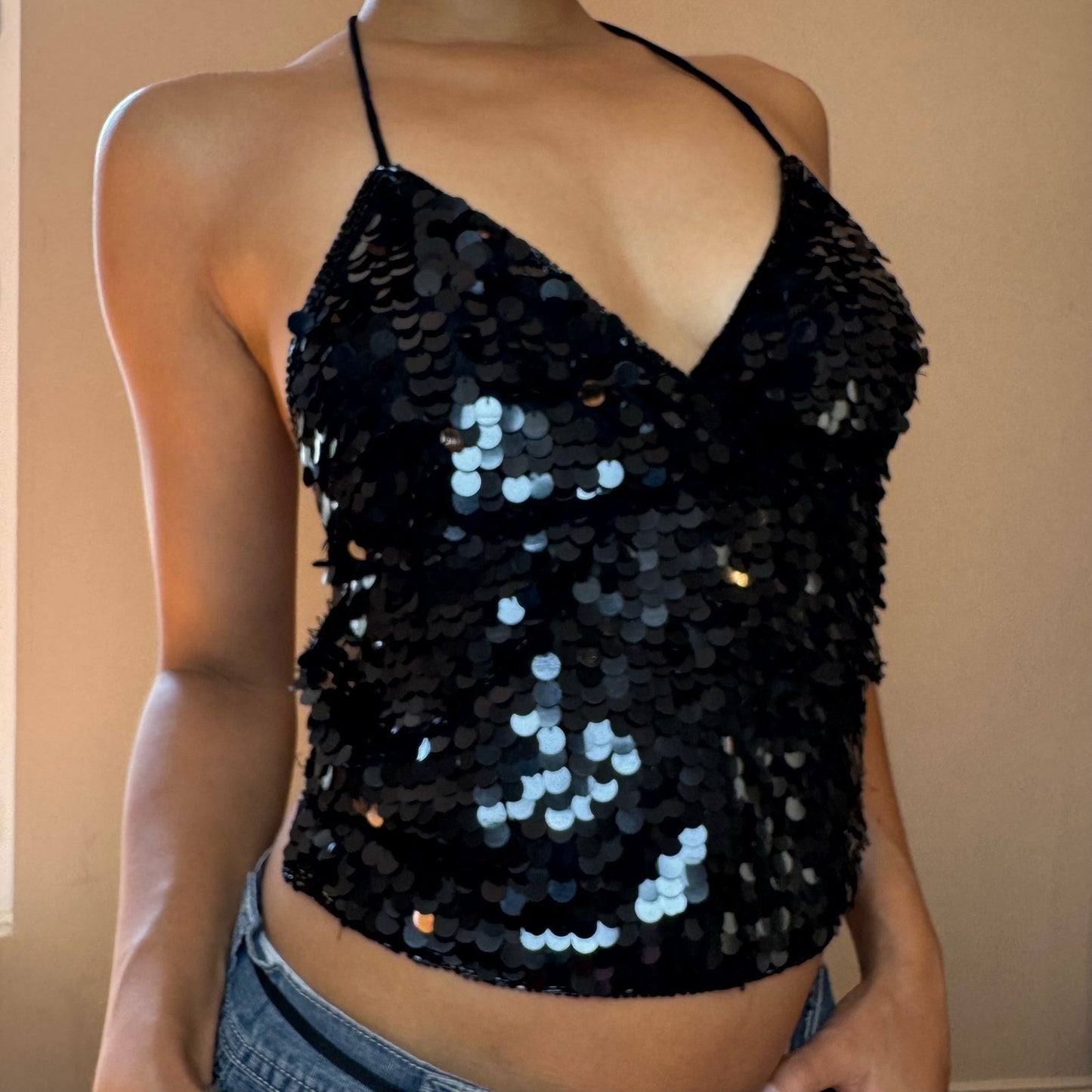 Italian Vintage black sequin halter top (S/M)