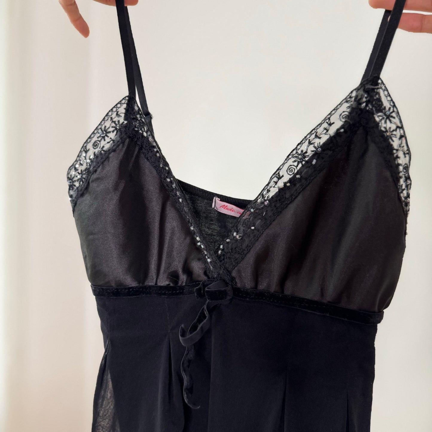 Vintage Black Satin Mesh Cami Top Beaded Lace Italy Y2K (S)