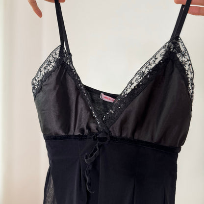 Vintage Black Satin Mesh Cami Top Beaded Lace Italy Y2K (S)