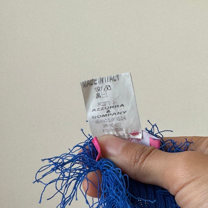 Vintage Italian Y2K Cobalt Blue Ribbed Knit Feather Trim Long Sleeve Top (Small)