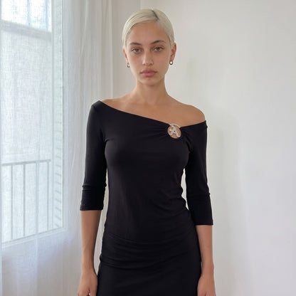 Vintage Black Off Shoulder Buckle Top Slinky Y2K (S/M)