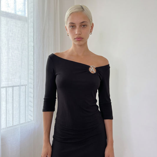 Vintage Black Off Shoulder Buckle Top Slinky Y2K (S/M)