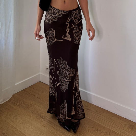 Vintage Y2K Brown Abstract Mesh Maxi Skirt Made in Italy (S) ⠀