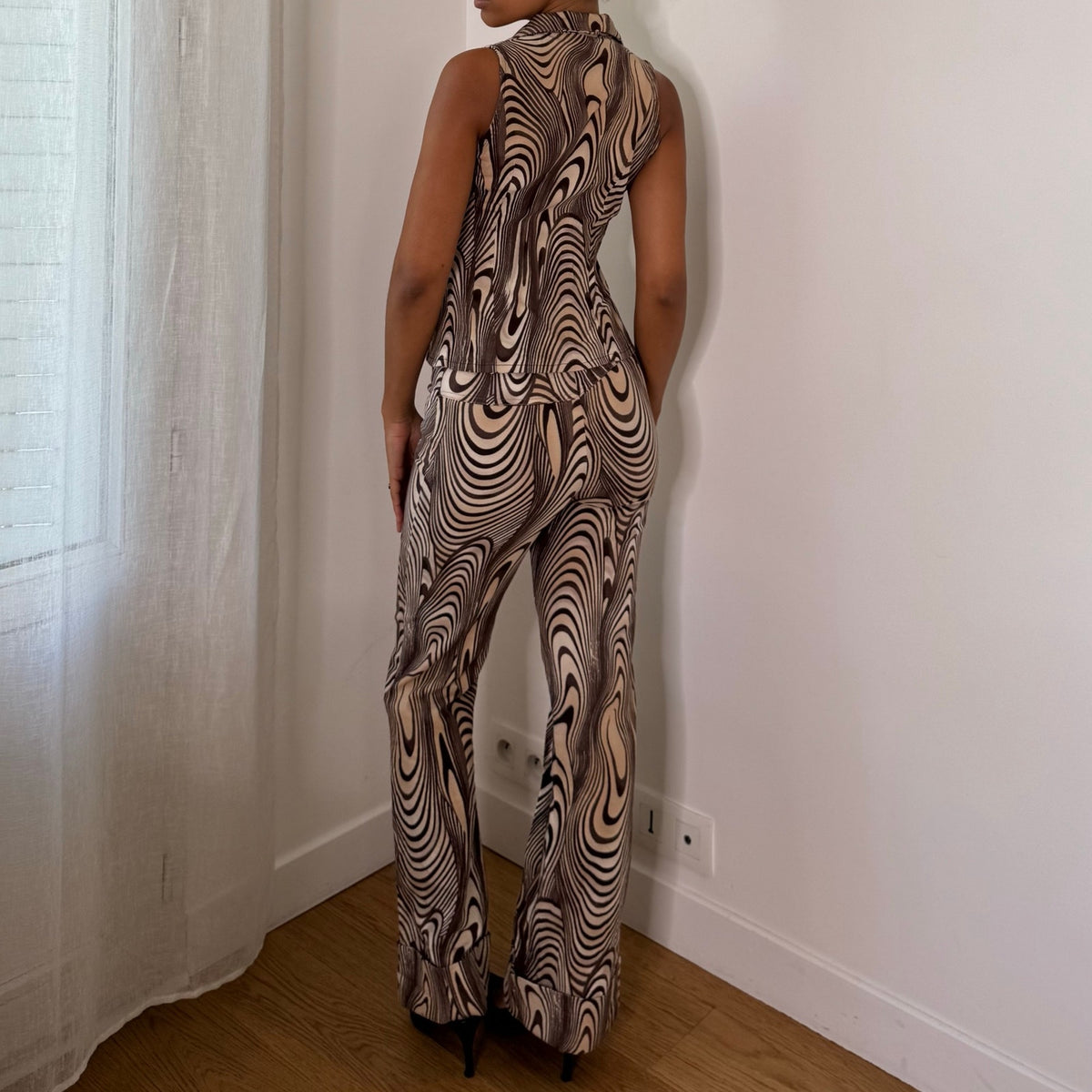 Italian Vintage Beige Brown Psychedelic Swirl Print 2 Piece Vest & Flared Pants Set