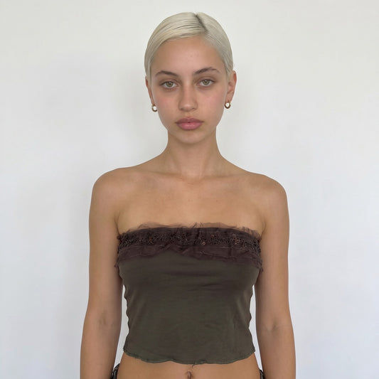 Vintage Italian Brown Beaded Strapless Tube Top (S)