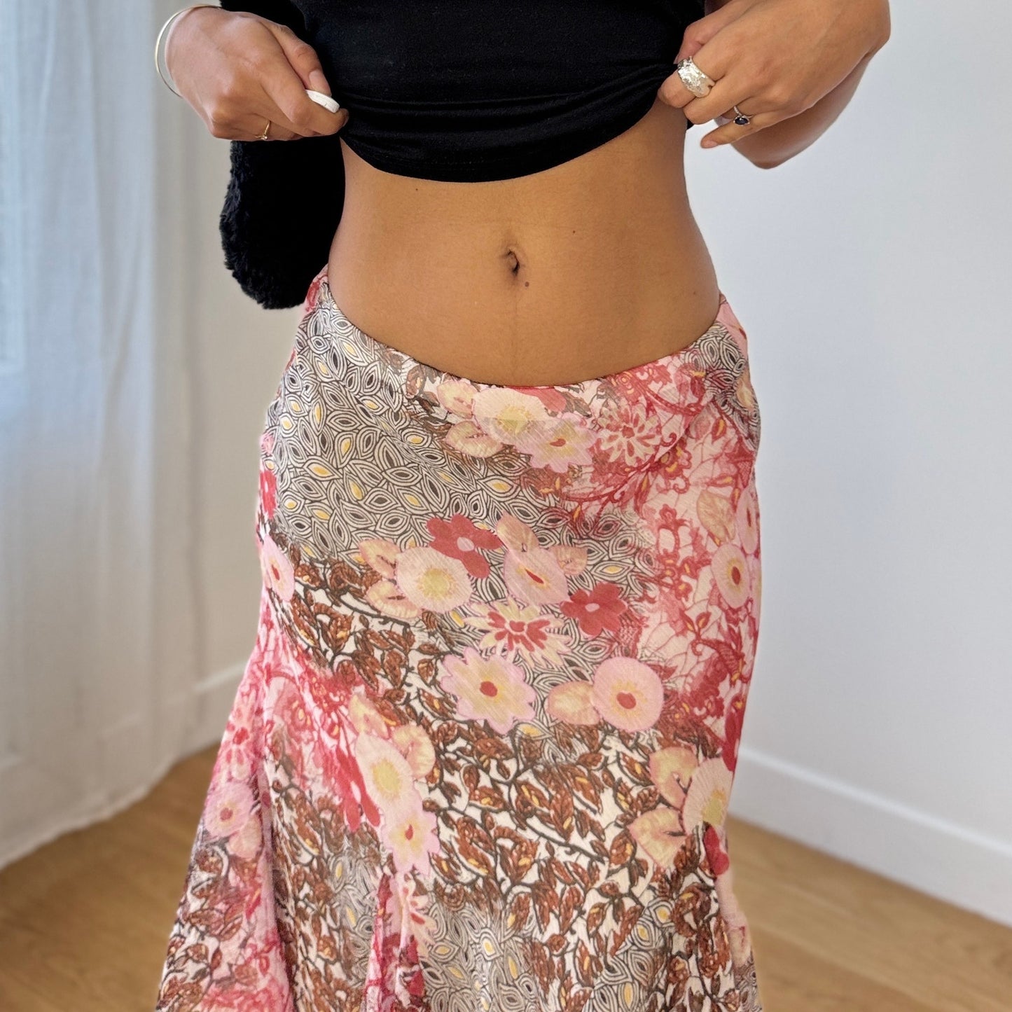 Vintage Sandro Ferrone Floral Mesh Midi Skirt Pink Brown Sheer Hem (S)