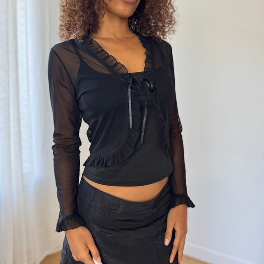 Vintage Black Sheer Mesh Tie-Front Cardigan (S/M)
