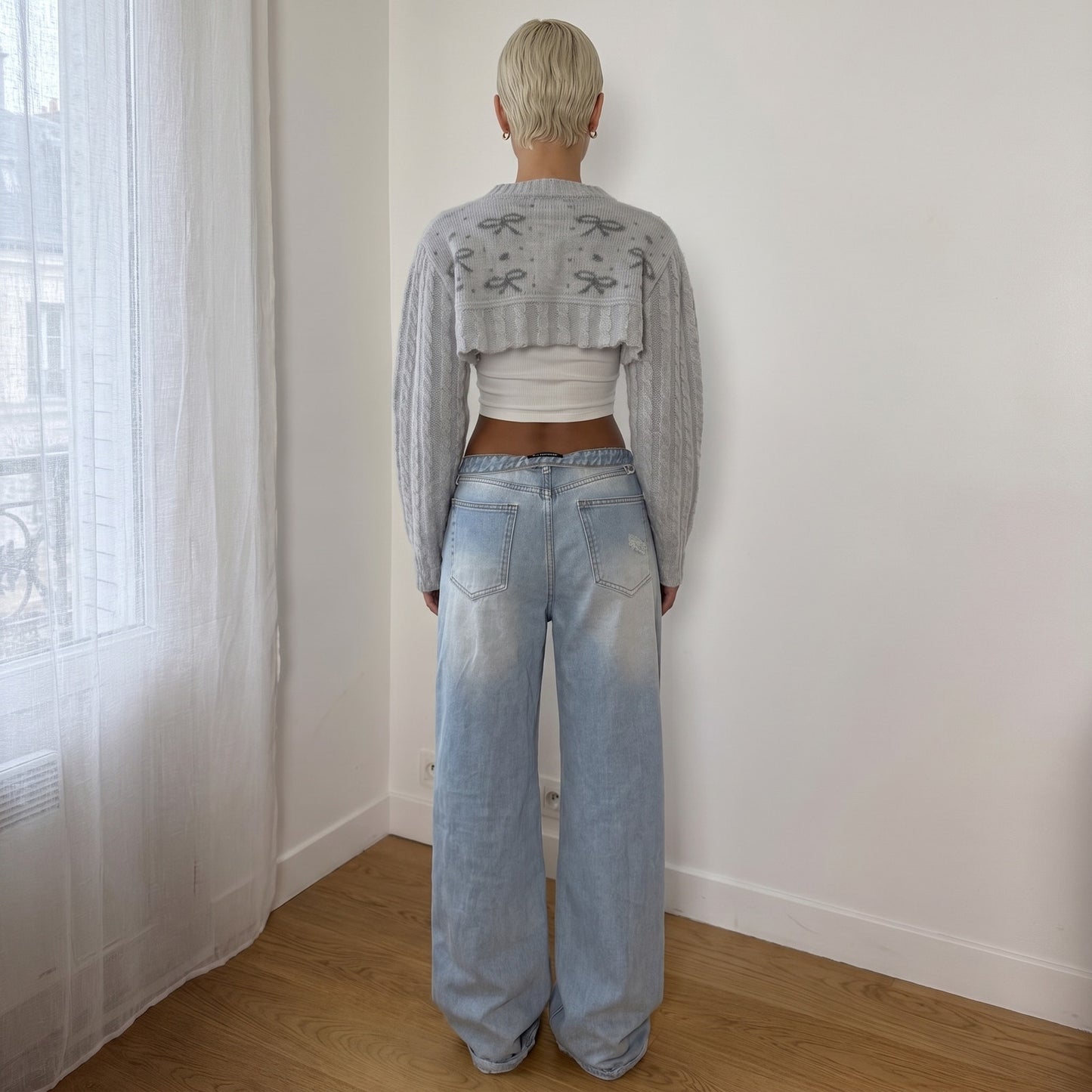 Vintage Italian 90s Grey Wool Beaded Bow Cropped Cardigan (S)