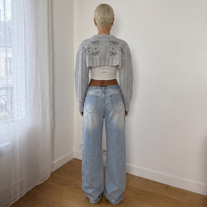 Vintage Italian 90s Grey Wool Beaded Bow Cropped Cardigan (S)