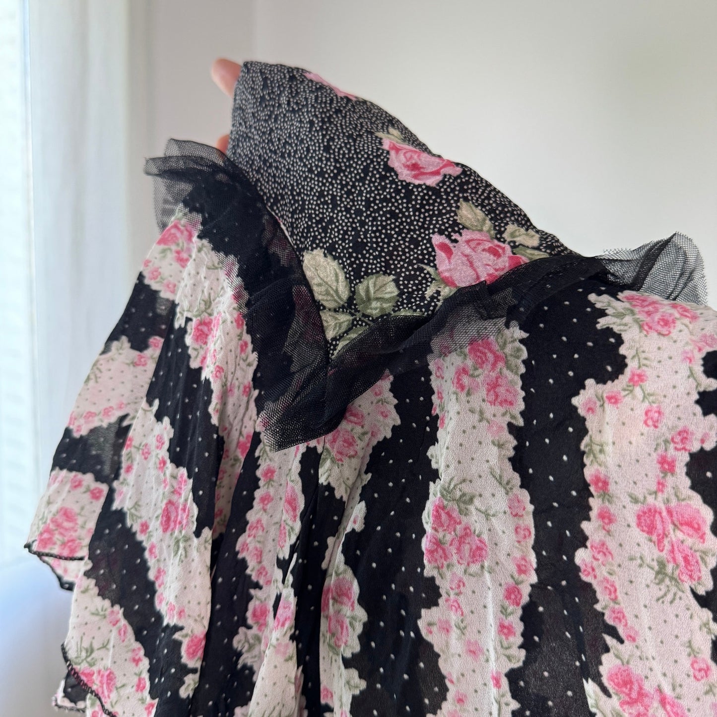 Vintage Black Pink Floral Mesh Asymmetrical Midi Skirt Euro Y2K (S)
