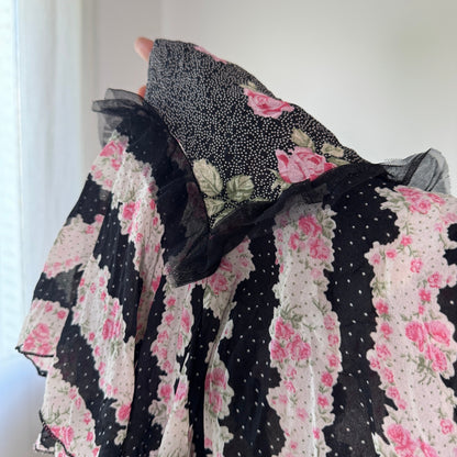 Vintage Black Pink Floral Mesh Asymmetrical Midi Skirt Euro Y2K (S)