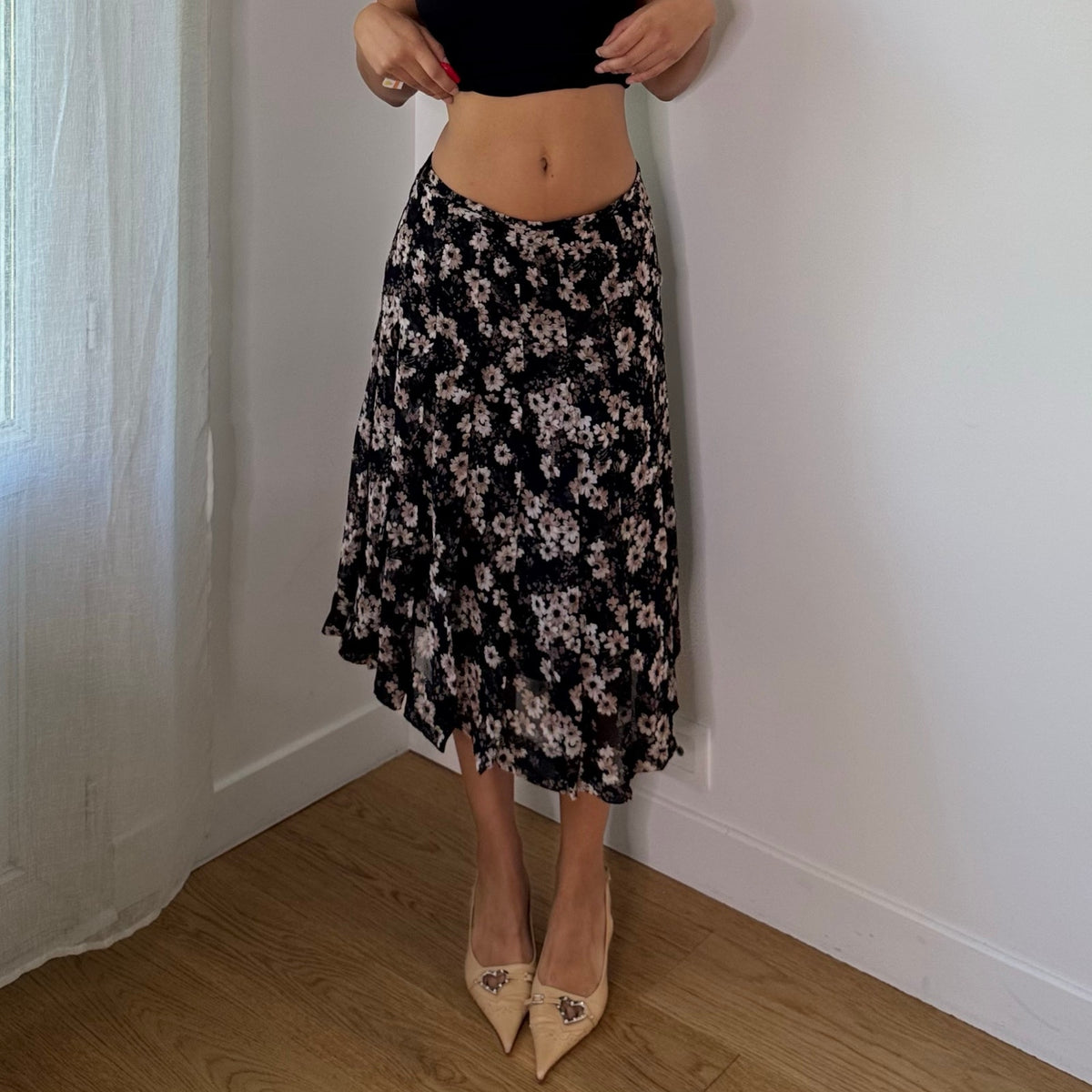 Vintage Black Brown Floral Mesh Midi Skirt (S)