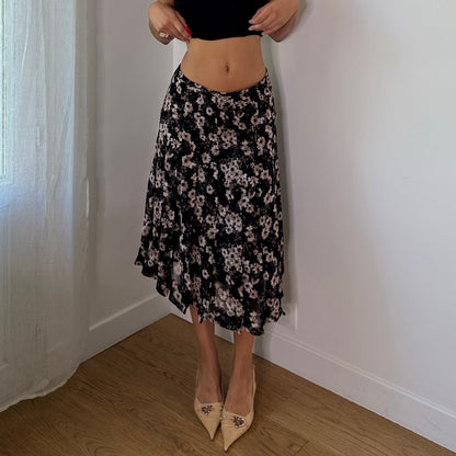 Vintage Black Brown Floral Mesh Midi Skirt (S)