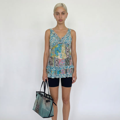 Vintage Blue Patchwork Mesh Top (S)