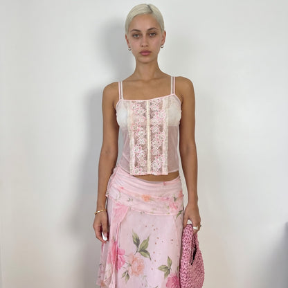 Vintage Blush Sheer Mesh Cami Pink Floral Lace Panel Tank Italy (S) ⠀