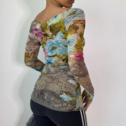 Vintage Blue Pink Floral Mesh Top Layered Sheer Y2K Euro Top (S) ⠀
