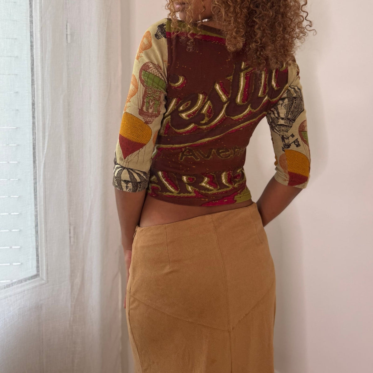 Euro vintage 00s olive green illustrated graphic top with lettering & retro aviator print