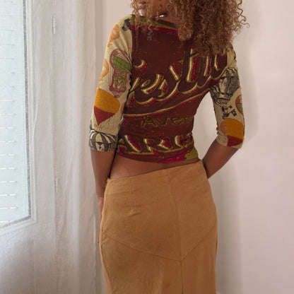 Euro vintage 00s olive green illustrated graphic top with lettering & retro aviator print