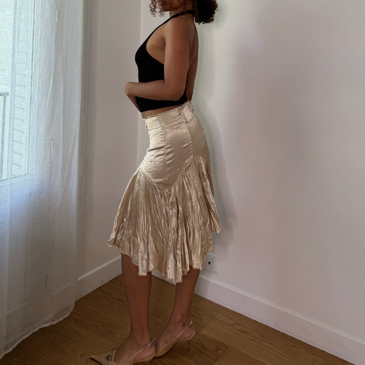 Vintage Champagne Cream Satin Pleated Midi Skirt Italian Y2K (XS/S)