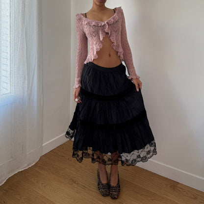 Vintage Italian Black Tiered Midi Skirt Lace Trim (S)