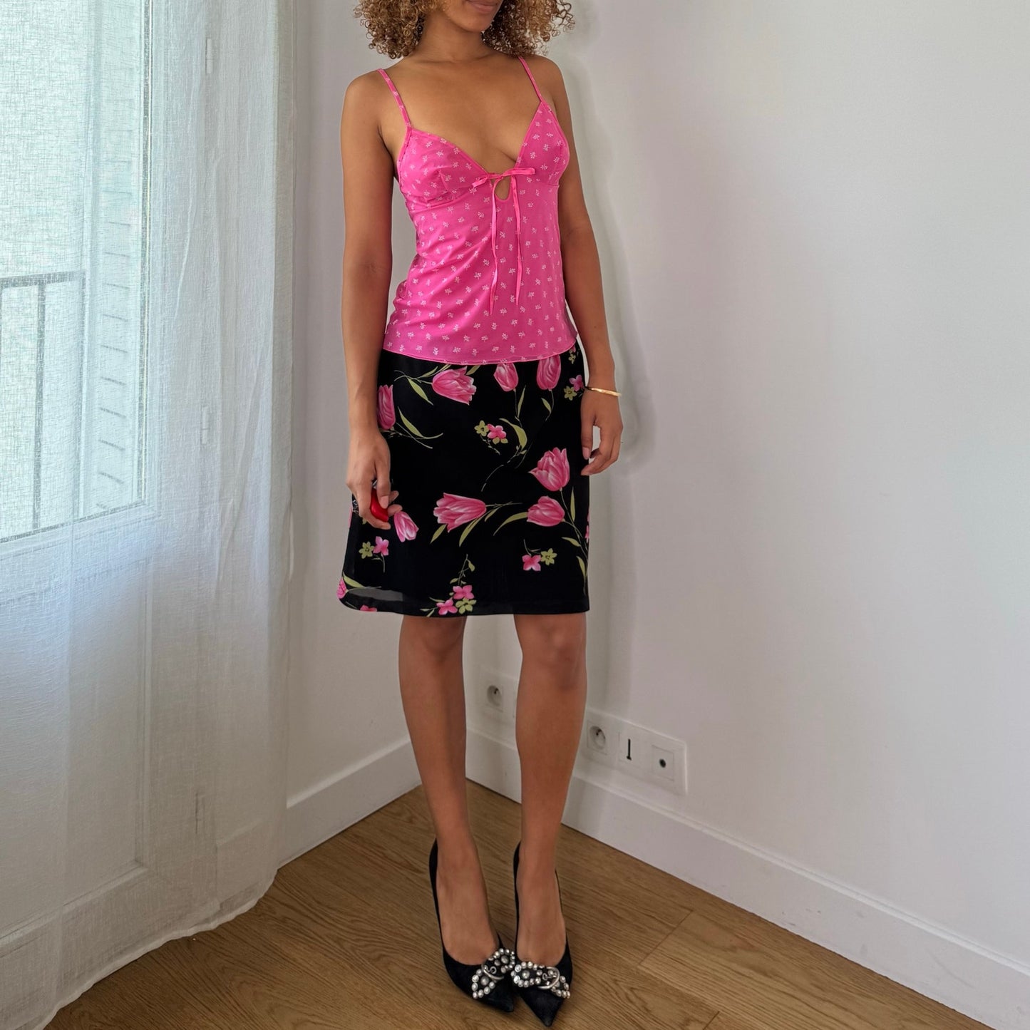 Vintage Black Tulip Print Mesh Midi Skirt Double Layer Y2K (S/M)