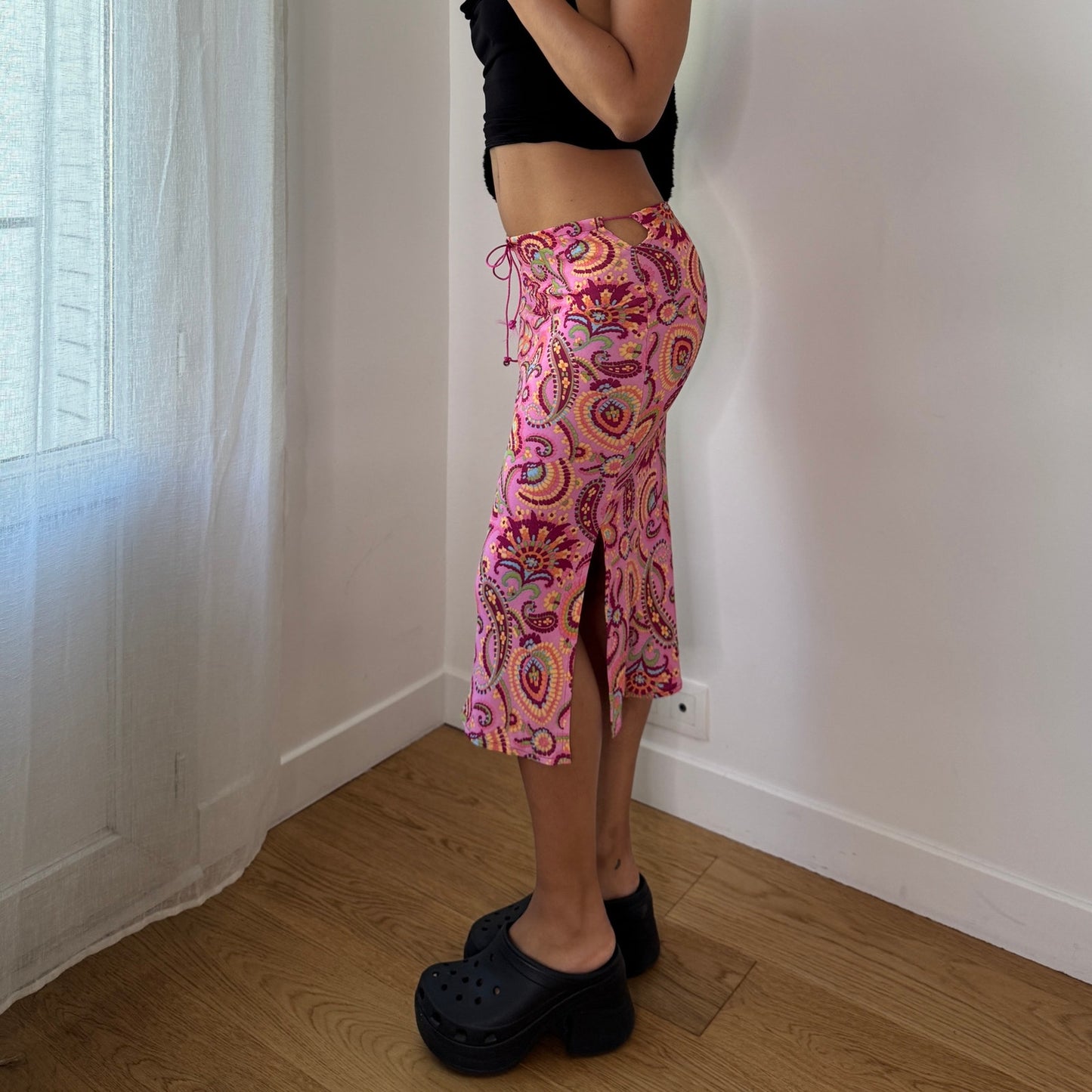 Vintage Pink Psychedelic Paisley Slinky Midi Skirt Side Slit Y2K Skirt (S)