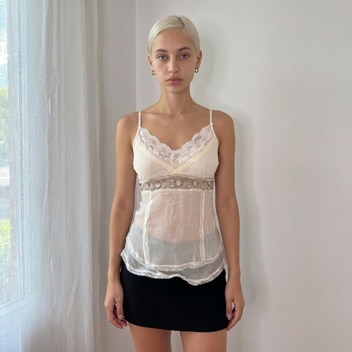Vintage Ivory 100% Silk Lace Beaded Cami (S/M)