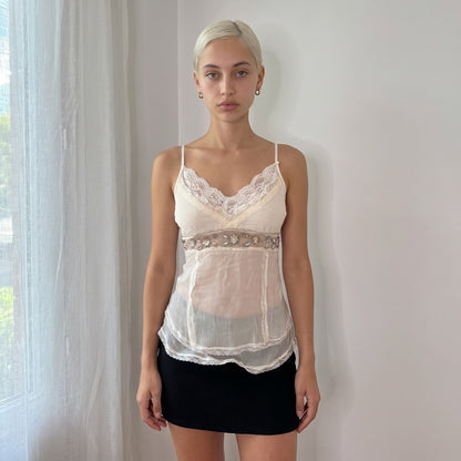 Vintage Ivory 100% Silk Lace Beaded Cami (S/M)