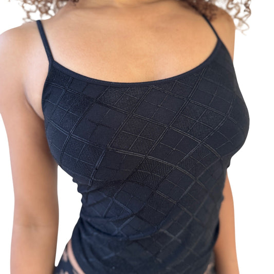 Vintage Euro Y2K Black Textured Slinky Cami Top (Small)