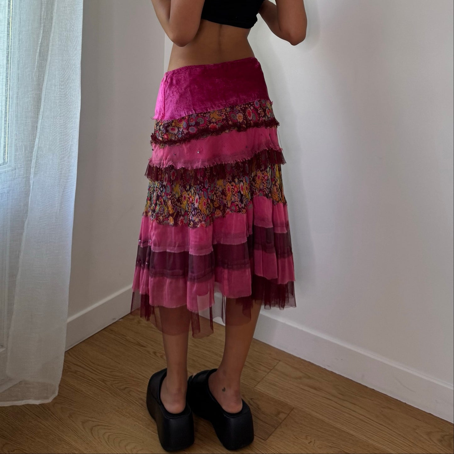 Vintage Extyn Pink Patchwork Mesh Midi Skirt Embroidered Ruffle Italian Y2K (S)