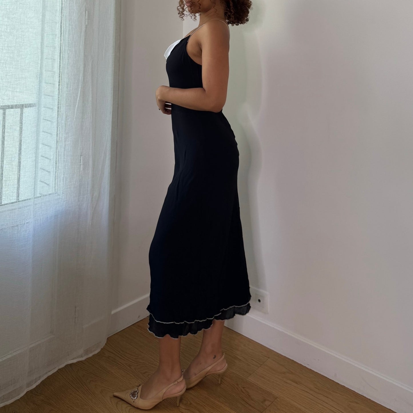 Vintage Black White Layered Mesh Cowl Neck Maxi Dress Euro Y2K (S)