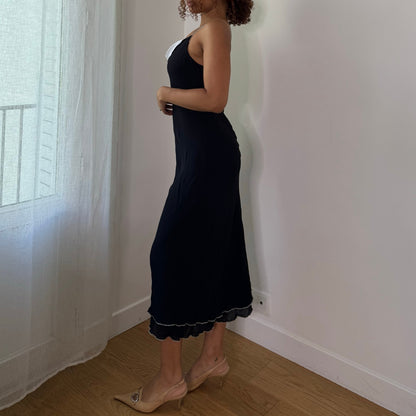 Vintage Black White Layered Mesh Cowl Neck Maxi Dress Euro Y2K (S)