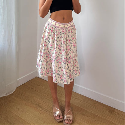 Vintage Cream Floral Silk Tiered Skirt Embroidered Beaded Waistband Y2K (XS/S)