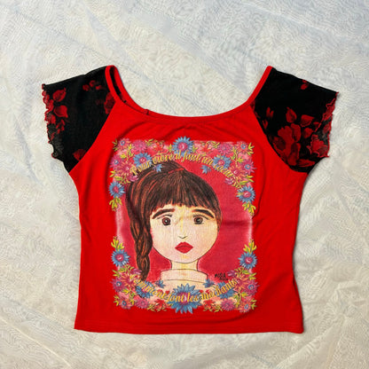 Rare! French Vintage 00s slinky girl graphic baby tee (XS/S)