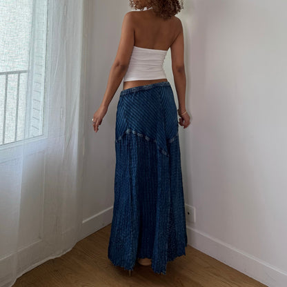 Vintage Blue Maxi Skirt Drawstring Waist Boho Viscose Y2K (S/M)