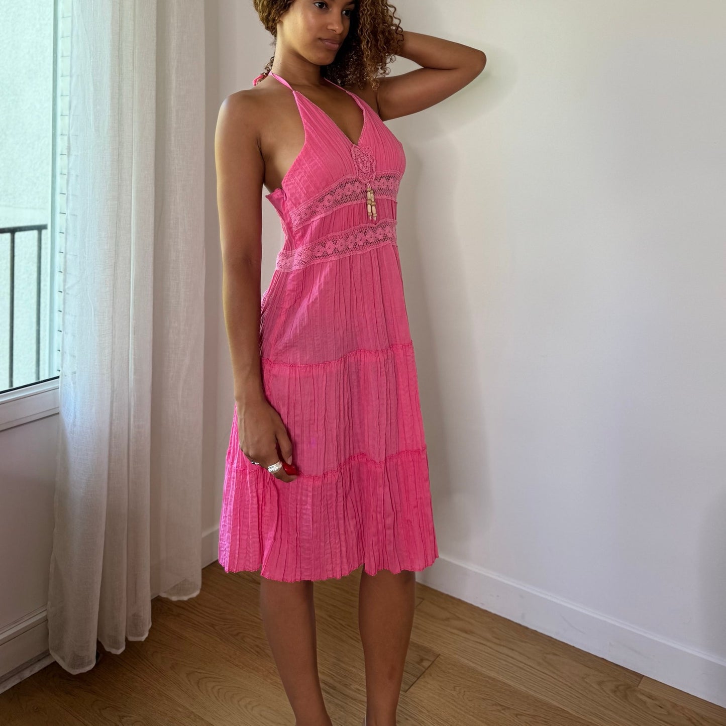 Vintage Hot Pink Lace Halter Midi Dress Y2K Cotton (S/M)