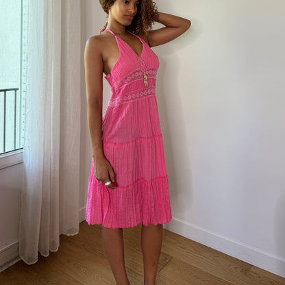 Vintage Hot Pink Lace Halter Midi Dress Y2K Cotton (S/M)
