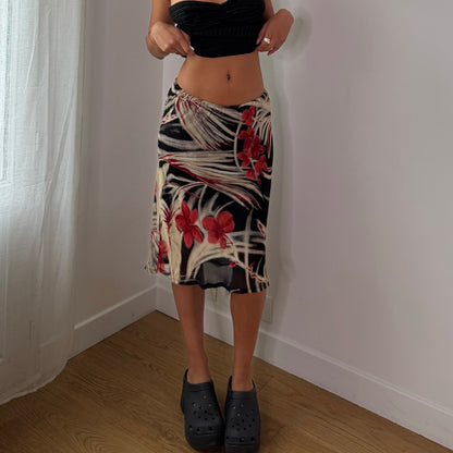 Vintage Black Red Floral Mesh Midi Skirt Double Lined Euro Y2K (S)
