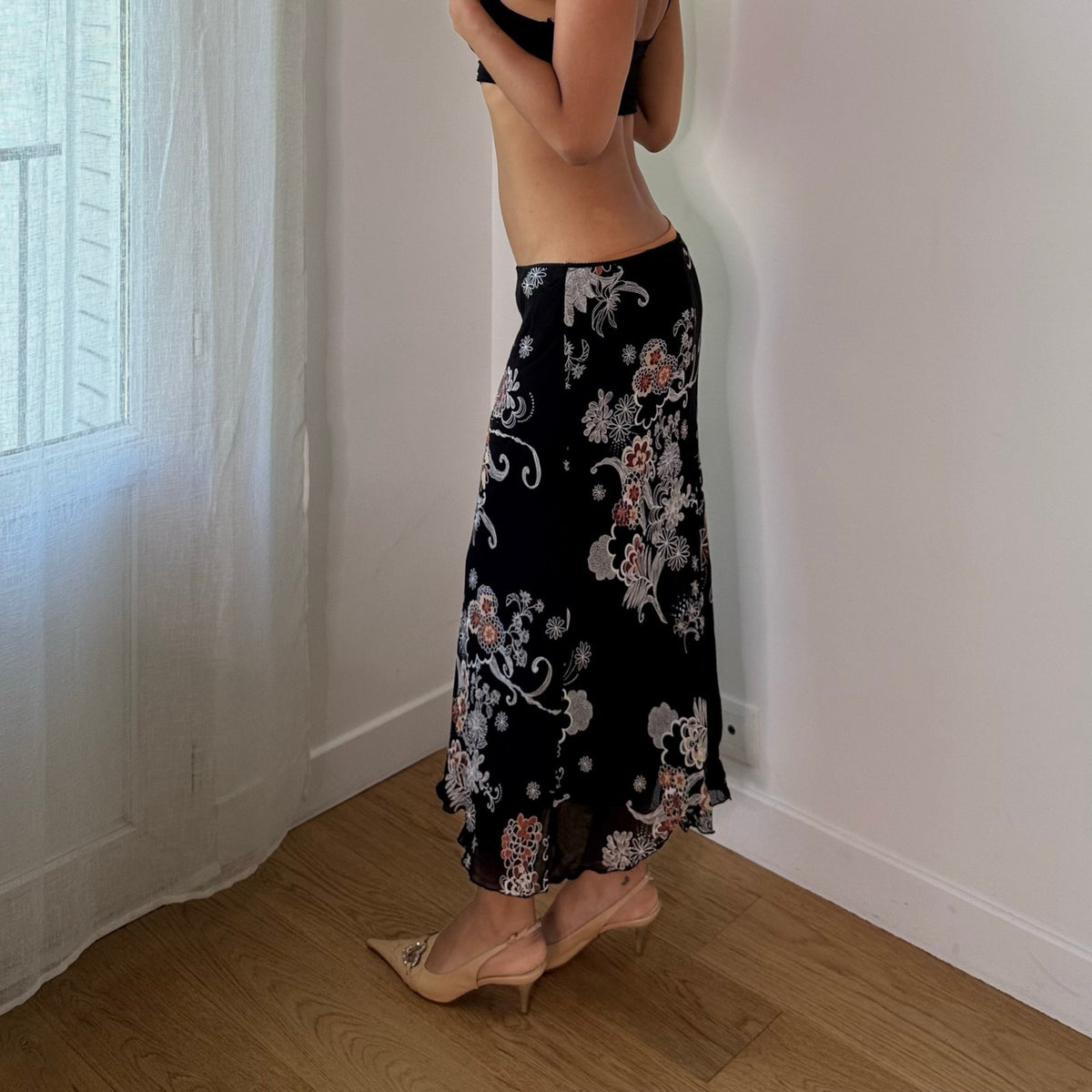 Vintage Italian Black Floral Sheer Mesh Midi Skirt (S)