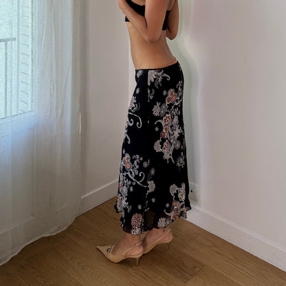 Vintage Italian Black Floral Sheer Mesh Midi Skirt (S)