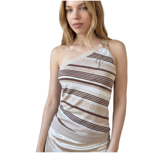 Vintage euro Y2K brown beige striped asymmetrical one shoulder knit top with metal ring detail (S/M)