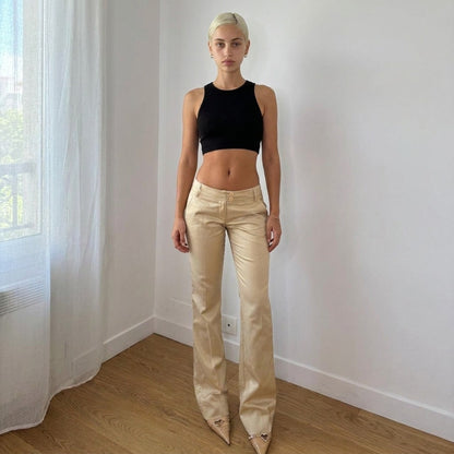 Vintage Italian Beige Satin Bootcut Pants Low Rise Y2K Trousers (XS)
