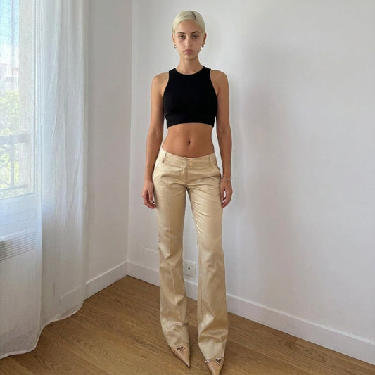 Vintage Italian Beige Satin Bootcut Pants Low Rise Y2K Trousers (XS)
