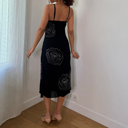 Vintage Celyn B Black White Rose Floral Mesh Midi Dress Italian Y2K (S)