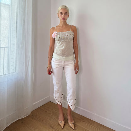 Vintage Mint Green Beaded Mesh Cami Top Floral Appliqué Deadstock Italian Y2K (S)