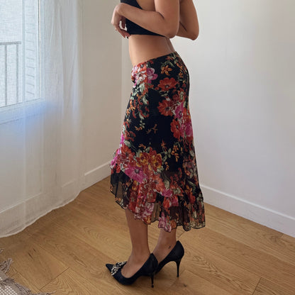 Vintage Italian Black Floral Mesh Midi Skirt Ruffle Hem Sheer (S)