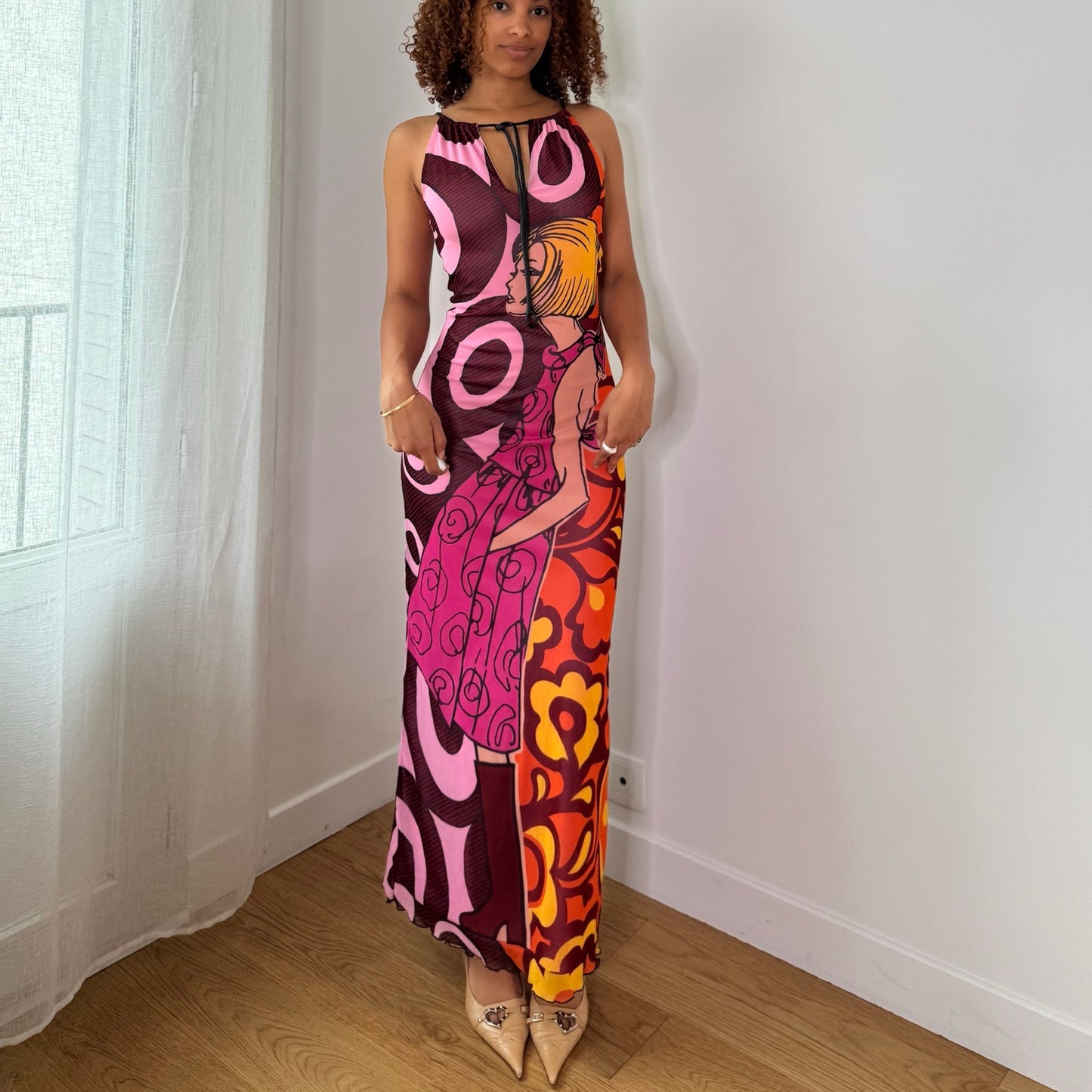 Vintage Morgan Pop Art Mesh Maxi Dress Made in France Y2K (S)